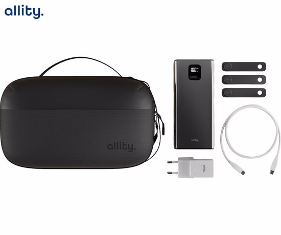Fotografija izdelka ALLITY ATK 5v1 komplet dodatne opreme, 18-predelni organizator / torbica, 20.000mAh 22.5W powerbank, 20W GaN adapter / polnilec, 1m 60W USB-C / USB-C kabel, 3x silikonska vezica, bel