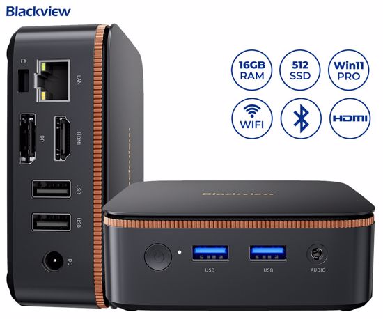 Fotografija izdelka Blackview MP20 namizni mini računalnik, Windows 11 PRO, AMD Ryzen 3 3300U, 16GB RAM, 512GB SSD, WIFI 6, Bluetooth 5.2, Ethernet, 4x USB Type-A, 1x HDMI, 1x DP, 1x minijack, črn