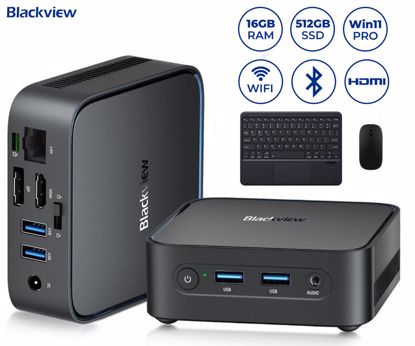 Fotografija izdelka Blackview MP50 namizni mini računalnik, Windows 11 PRO, AMD Ryzen 5 3500U, AMD Radeon Graphics, 16GB RAM, 512GB SSD, WIFI 5, Bluetooth, Ethernet, 4x USB-A, 1x HDMI, 1x DP, minijack, +dodatki, črn