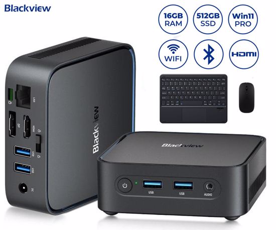 Fotografija izdelka Blackview MP50 namizni mini računalnik, Windows 11 PRO, AMD Ryzen 5 3500U, AMD Radeon Graphics, 16GB RAM, 512GB SSD, WIFI 5, Bluetooth, Ethernet, 4x USB-A, 1x HDMI, 1x DP, minijack, +dodatki, črn