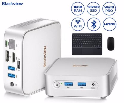 Fotografija izdelka Blackview MP50 namizni mini računalnik, Windows 11 PRO, AMD Ryzen 5 3500U, AMD Radeon Graphics, 16GB RAM, 512GB SSD, WIFI 5, Bluetooth, Ethernet, 4x USB-A, 1x HDMI, 1x DP, minijack, +dodatki, srebrn