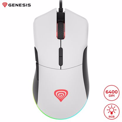 Fotografija izdelka GENESIS Krypton 290, gaming optična miška, RGB osvetlitev, 7 prog. tipk, 6.400dpi, spomin, aplikacija, belo/črna