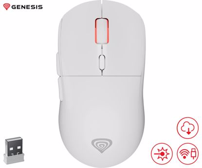 Fotografija izdelka GENESIS ZIRCON XIII brezžična miška, gaming / pisarniška, 26.000DPI, USB 2.4GHz / USB Type-C, 7 gumbov, polnilna baterija, spomin, programska oprema, Plug & Play, bela (Howlite White)