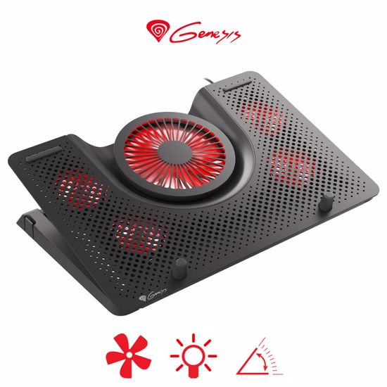 Fotografija izdelka GENESIS OXID 550, vrhunsko hladilno stojalo/podstavek za prenosnike do 17.3'', nastavljiv kot, LED osvetlitev, 5 tihih ventilatorjev