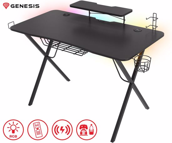 Fotografija izdelka GENESIS HOLM 300 RGB gaming miza, profesionalna, ergonomska, RGB LED osvetlitev, stojalo za monitor, nosilci za pijačo / gamepad / slušalke, 3x USB Type-A vhod, brezžični polnilec, karbon stil, črna