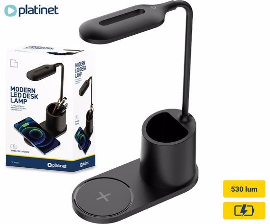 Fotografija izdelka PLATINET PDL1930 namizna LED svetilka, do 530 lumnov, nastavljiva svetlost, upogljiv vrat, brezžični polnilec, vgrajeno stojalo, IP20 odpornost, USB Type-C, 150cm kabel, črna