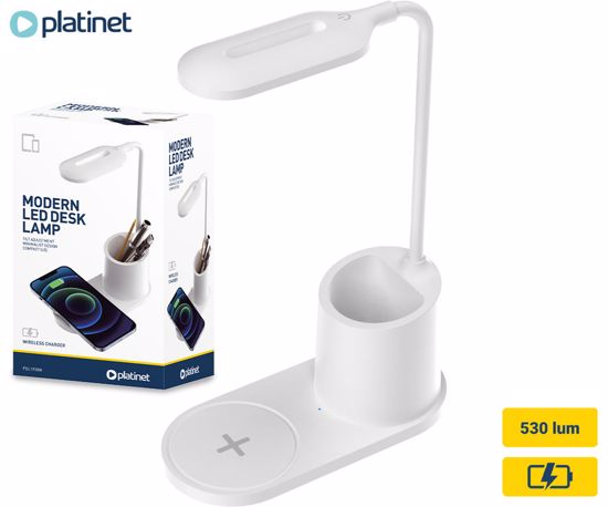 Fotografija izdelka PLATINET PDL1930 namizna LED svetilka, do 530 lumnov, nastavljiva svetlost, upogljiv vrat, brezžični polnilec, vgrajeno stojalo, IP20 odpornost, USB Type-C, 150cm kabel, 38x17.5x8cm, bela