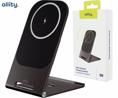 Fotografija izdelka ALLITY AWC-200-15WMS brezžični polnilec / stojalo, univerzalni, 15W brezžično polnjenje, MagSafe tehnologija, nastavljiv naklon, USB-C, priložen kabel, siv (Graphite)