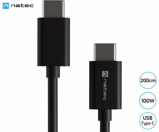 Fotografija izdelka Natec PRATI kabel USB-C, 100W, 200cm, Power Delivery 3.0, univerzalna kompatibilnost, TPE, Velcro, črn