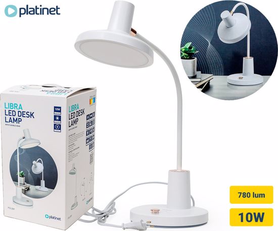 Fotografija izdelka PLATINET PDL089 namizna LED svetilka, 780 lumnov, upogljiv vrat, nastavljiva barvna temperatura, IP20 odpornost, USB Type-C, 175cm kabel, 59x14.5x14.5cm, bela