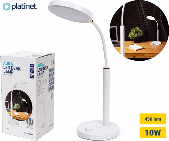 Fotografija izdelka PLATINET PDL806 namizna LED svetilka, 450 lumnov, upogljiv vrat, nastavljiva barvna temperatura, IP20 odpornost, USB Type-C, 100cm kabel, 63x16x16cm, bela