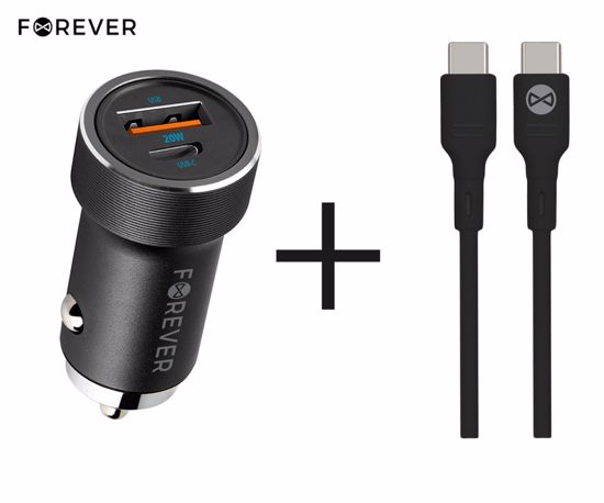 Fotografija izdelka FOREVER CC-06 avto polnilec, 20W, 12-24V, 1x USB Type-A, 1x USB Type-C, univerzalna kompatibilnost, Power Delivery, Quick Charge, + kabel, črn