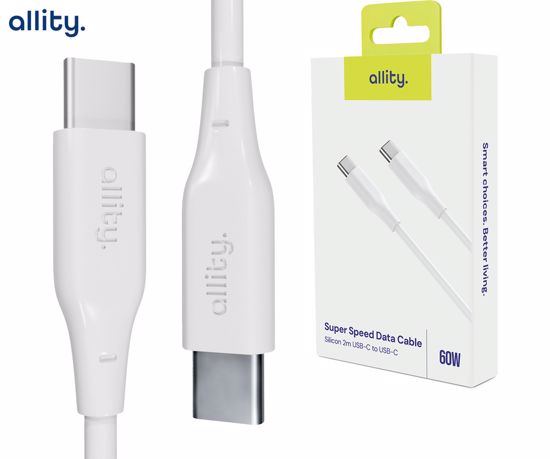Fotografija izdelka ALLITY AUC-02 kabel, USB-C na USB-C, 60W, 2m, univerzalni, polnjenje / napajanje / prenos podatkov, Plug&Play, silikon, +Velcro trak, bel