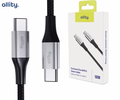 Fotografija izdelka ALLITY AUC-01 kabel, USB-C na USB-C, 100W, 2m, univerzalni, polnjenje / napajanje / prenos podatkov, Plug&Play, najlon, +Velcro trak, črn