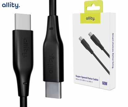 Fotografija izdelka ALLITY AUC-02 kabel, USB-C na USB-C, 60W, 2m, univerzalni, polnjenje / napajanje / prenos podatkov, Plug&Play, silikon, +Velcro trak, črn