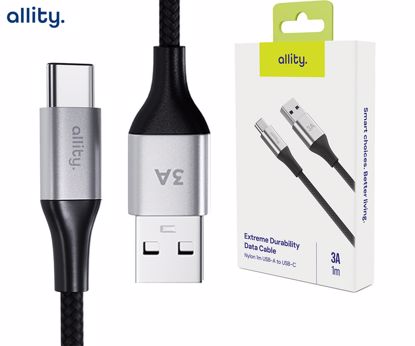 Fotografija izdelka ALLITY AUC-01 kabel, USB-A na USB-C, 60W, 3A, 1m, univerzalni, polnjenje / napajanje / prenos podatkov, Plug&Play, najlon, +Velcro trak, črn