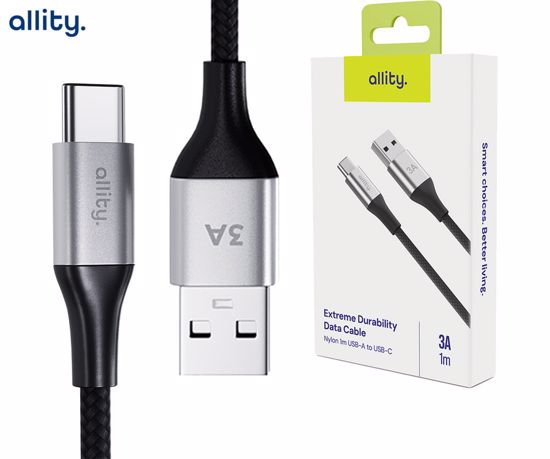 Fotografija izdelka ALLITY AUC-01 kabel, USB-A na USB-C, 60W, 3A, 1m, univerzalni, polnjenje / napajanje / prenos podatkov, Plug&Play, najlon, +Velcro trak, črn