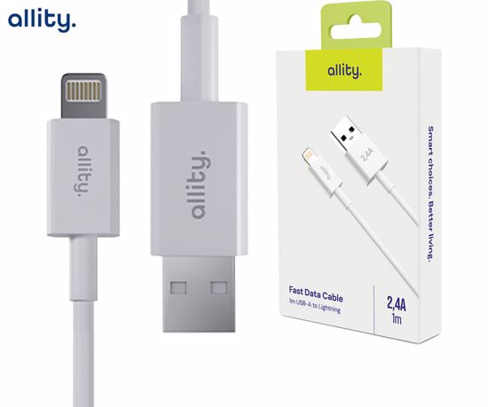 Fotografija izdelka ALLITY AUC-03 kabel, USB-A na Lightning, 60W, 2.4A, 1m, univerzalni, polnjenje / napajanje / prenos podatkov, Plug&Play, odporen TPU/TPE, +Velcro trak, bel
