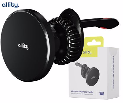 Fotografija izdelka ALLITY ACH-300 avto nosilec / polnilec za telefon, 15W brezžično polnjenje, MagSafe / Pixel Snap tehnologija, nastavljiv naklon, USB-C, Plug&Play, priložen kabel, črn
