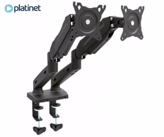 Fotografija izdelka PLATINET OMEGA OUPC24D dvojni nosilec / roka za monitor, 13"-27", naklon +70°/-70°, vrtenje +180°/-180°, do 8kg, VESA standard do 100x100, prostor za napeljavo kablov, jeklo, črn