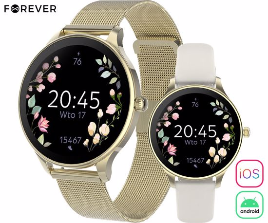 Fotografija izdelka FOREVER Velora SB-306 pametna ura, 1.19" AMOLED zaslon, BT 5.2, Android + iOS, baterija, aplikacija, spremljanje zdravja, analiza spanca, športni načini, 2 paščka, IP68, zlata (Luxury Gold)