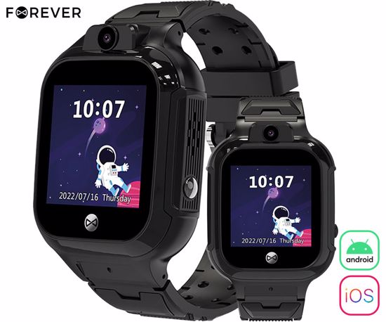 Fotografija izdelka FOREVER See Me! 3 KW-320 otroška pametna ura, VoLTE, 1.4" zaslon, GPS+WiFi+LBS lociranje, video klici, SOS funkcija, Android + iOS, aplikacija, IP65, pedometer, igre, črna (Magic Black)