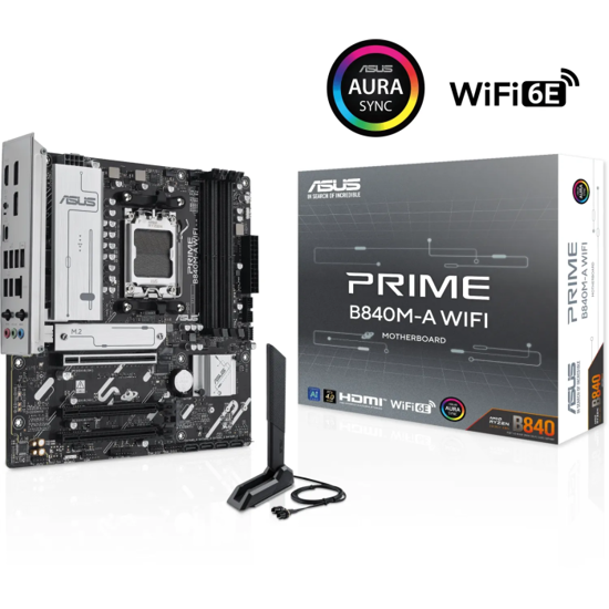 Fotografija izdelka ASUS PRIME B840M-A WIFI, DDR5, SATA3, USB3.2Gen2, DP, 2.5GbE, WiFi 6E, AM5 mATX