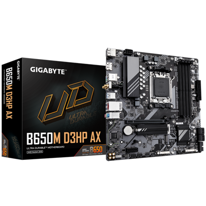 Fotografija izdelka GIGABYTE B650M D3HP AX, DDR5, SATA3, USB3.2Gen1, DP, 2.5GbE, WiFi, AM5 mATX