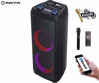 Fotografija izdelka MANTA SPK1202B250 KRIOS prenosni KARAOKE zvočnik, Bluetooth, TWS, Equalizer, polnilna baterija, Super Bass, USB / microSD / AUX / MIC-in, + mikrofon, + daljinec, črn