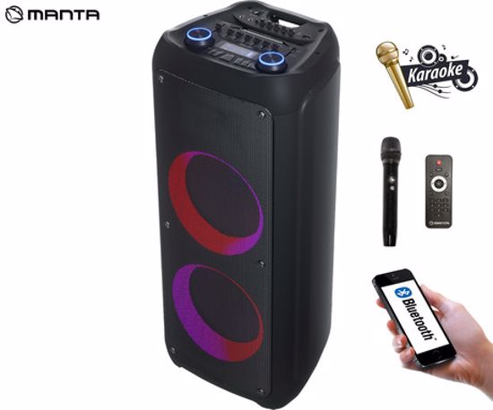 Fotografija izdelka MANTA SPK1202B250 KRIOS prenosni KARAOKE zvočnik, Bluetooth, TWS, Equalizer, polnilna baterija, Super Bass, USB / microSD / AUX / MIC-in, + mikrofon, + daljinec, črn