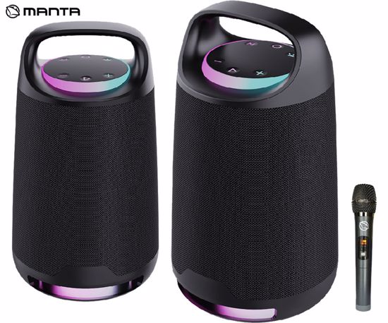 Fotografija izdelka MANTA SPK330B OTUS prenosni KARAOKE zvočnik, Bluetooth 5.3, 120W, TWS, polnilna baterija, RGB LED osvetlitev, USB / AUX / MIC, Google Assistant / Siri, +mikrofon, črn (Phantom Black)