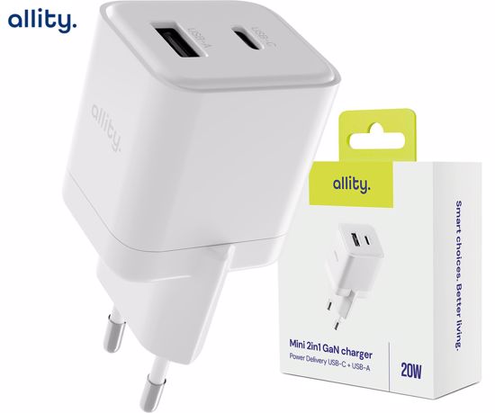 Fotografija izdelka ALLITY ATC-01 GaN polnilec, 20W, 1x USB-C, 1x USB-A, Power Delivery, Quick Charge, polnjenje / napajanje, univerzalna kompatibilnost, Plug&Play, tehnologija GaN, bel
