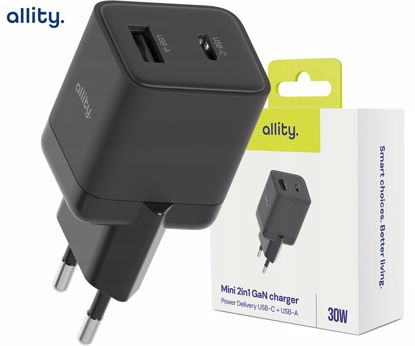 Fotografija izdelka ALLITY ATC-01 GaN polnilec, 30W, 1x USB-C, 1x USB-A, Power Delivery, Quick Charge, polnjenje / napajanje, univerzalna kompatibilnost, Plug&Play, tehnologija GaN, črn