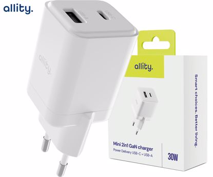 Fotografija izdelka ALLITY ATC-01 GaN polnilec, 30W, 1x USB-C, 1x USB-A, Power Delivery, Quick Charge, polnjenje / napajanje, univerzalna kompatibilnost, Plug&Play, tehnologija GaN, bel