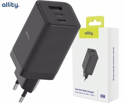 Fotografija izdelka ALLITY ATC-01 GaN polnilec, 65W, 2x USB-C, 1x USB-A, Power Delivery, Quick Charge, polnjenje / napajanje, univerzalna kompatibilnost, Plug&Play, tehnologija GaN, črn