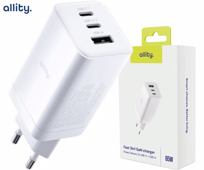 Fotografija izdelka ALLITY ATC-01 GaN polnilec, 65W, 2x USB-C, 1x USB-A, Power Delivery, Quick Charge, polnjenje / napajanje, univerzalna kompatibilnost, Plug&Play, tehnologija GaN, bel