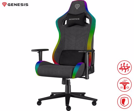 Fotografija izdelka GENESIS TRIT 660 RGB gaming / pisarniški stol, ergonomski, nastavljiva višina / naklon, zibanje, 2x blazina, 2D nasloni za roke, RGB LED osvetlitev, kolesa CareGLide™, tkanina, do 150kg, siv