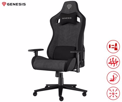 Fotografija izdelka GENESIS NITRO 800 gaming / pisarniški stol, ergonomski, nastavljiva višina / naklon, zibanje, 2x blazina, 4D nasloni za roke, kolesa CareGLide™, tkanina, do 150kg, črno siv