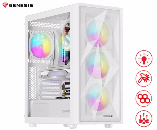 Fotografija izdelka GENESIS DIAXID 605 ARGB računalniško ohišje, Midi Tower, 4x ventilator, AIO LC do 420mm, GPU do 351mm, CPU Cooler do 168mm, MESH plošča, kaljeno steklo, ARGB LED osvetlitev, 420x217x466mm, belo