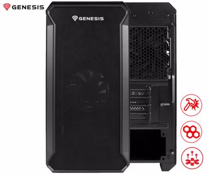 Fotografija izdelka GENESIS IRID 503 V2 računalniško ohišje, Mini Tower, 2x ventilator, AIO LC do 280mm, GPU do 375mm, CPU Cooler do 163mm, MESH plošča, kaljeno steklo, filtri proti prahu, 430x210x430mm, črno