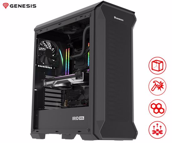 Fotografija izdelka GENESIS IRID 505F računalniško ohišje, Midi Tower, 5x ventilator, AIO LC do 360mm, GPU do 380mm, CPU Cooler do 165mm, MESH plošča, kaljeno steklo, filtri proti prahu, 447x220x510mm, črno