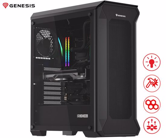 Fotografija izdelka GENESIS IRID 505 ARGB V2 računalniško ohišje, Midi Tower, 4x ventilator, AIO LC do 360mm, GPU do 380mm, CPU Cooler do 165mm, MESH plošča, kaljeno steklo, ARGB LED osvetlitev, 447x220x510mm, črno