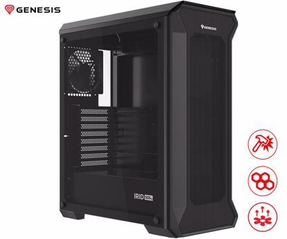 Fotografija izdelka GENESIS IRID 505 V2 računalniško ohišje, Midi Tower, 2x ventilator, AIO LC do 360mm, GPU do 380mm, CPU Cooler do 165mm, MESH plošča, kaljeno steklo, filtri proti prahu, 447x220x510mm, črno