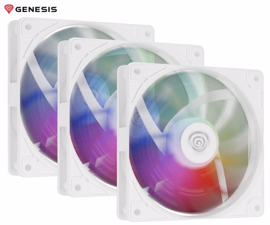 Fotografija izdelka GENESIS OXAL 120 ARGB 3-PACK ventilatorji za računalnik / ohišje, univerzalni, 120mm velikost, do 1450 RPM, ultra tiho delovanje, blazinice proti vibracijam, ARGB LED osvetlitev, 3-PIN konektor, bel
