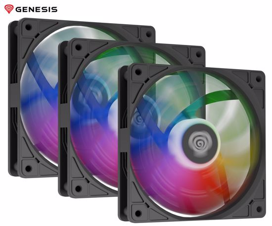 Fotografija izdelka GENESIS OXAL 120 ARGB 3-PACK ventilatorji za računalnik / ohišje, univerzalni, 120mm velikost, do 1450 RPM, ultra tiho delovanje, blazinice proti vibracijam, ARGB LED osvetlitev, 3-PIN konektor, črni
