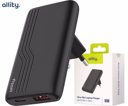 Fotografija izdelka ALLITY ATC-02 GaN polnilec, 65W, 1x USB-C, 1x USB-A, Power Delivery, Quick Charge, polnjenje / napajanje, univerzalna kompatibilnost, Plug&Play, tehnologija GaN, črn