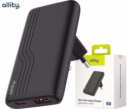 Fotografija izdelka ALLITY ATC-02 GaN polnilec, 65W, 1x USB-C, 1x USB-A, Power Delivery, Quick Charge, polnjenje / napajanje, univerzalna kompatibilnost, Plug&Play, tehnologija GaN, črn