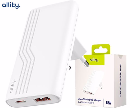 Fotografija izdelka ALLITY ATC-02 GaN polnilec, 65W, 1x USB-C, 1x USB-A, Power Delivery, Quick Charge, polnjenje / napajanje, univerzalna kompatibilnost, Plug&Play, tehnologija GaN, bel
