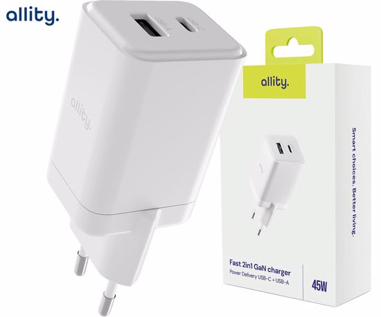 Fotografija izdelka ALLITY ATC-01 GaN polnilec, 45W, 1x USB-C, 1x USB-A, Power Delivery, Quick Charge, polnjenje / napajanje, univerzalna kompatibilnost, Plug&Play, tehnologija GaN, bel