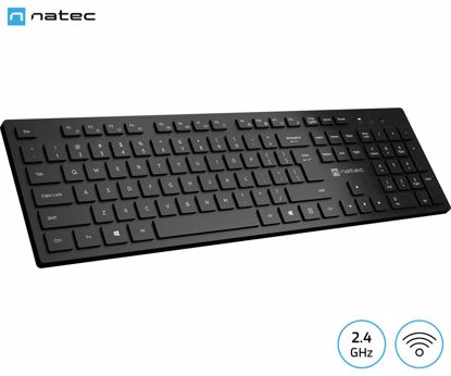 Fotografija izdelka Natec HERRING WIRELESS brezžična tipkovnica, membranska, profesionalna, USB 2.4GHz, CHICLET tiha stikala, nizek profil, 2x AAA baterija, 12 multimedijskih tipk, Windows / Android / Linux, črna